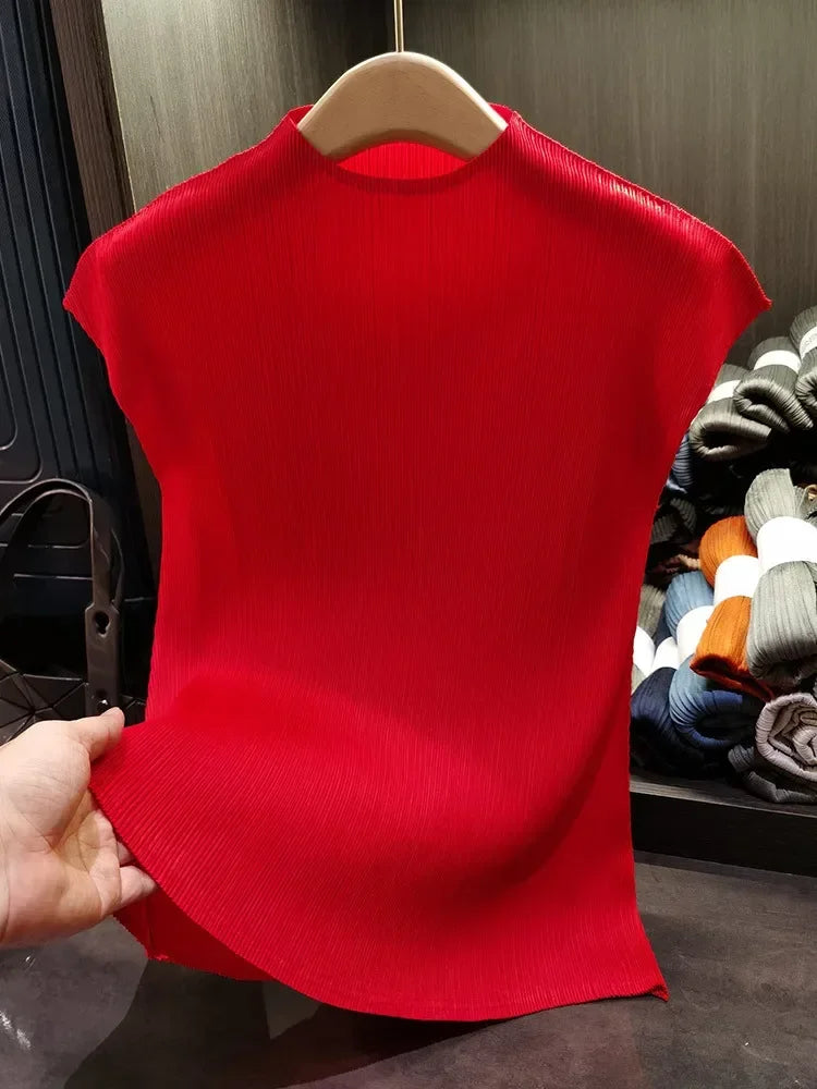 Miyake Versatile Classic Simple Solid Color Stand Up Collar Pleated Top Women Slim Slim Short Sleeve Miyake T-shirt Summer 2025