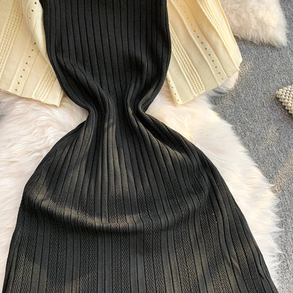 Women Dress 2026 Spring and Summer Elegant Patchwork One-Piece Knitted Maxi Dress Office Lady Slim Waist Sweater Dress