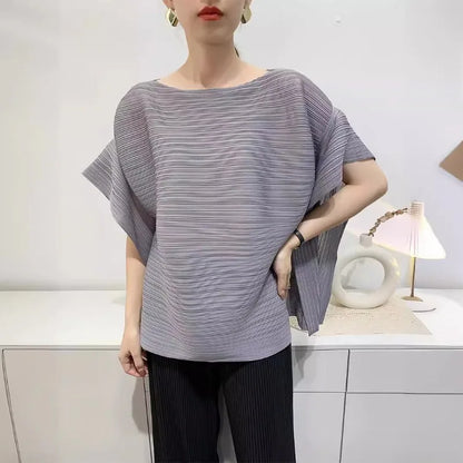 2025 Summer T-shirt Miyake Comfortable Casual Loose Pleated Top Women Short Sleeve Slim Commuter Office Clothes Wrinkle-Free