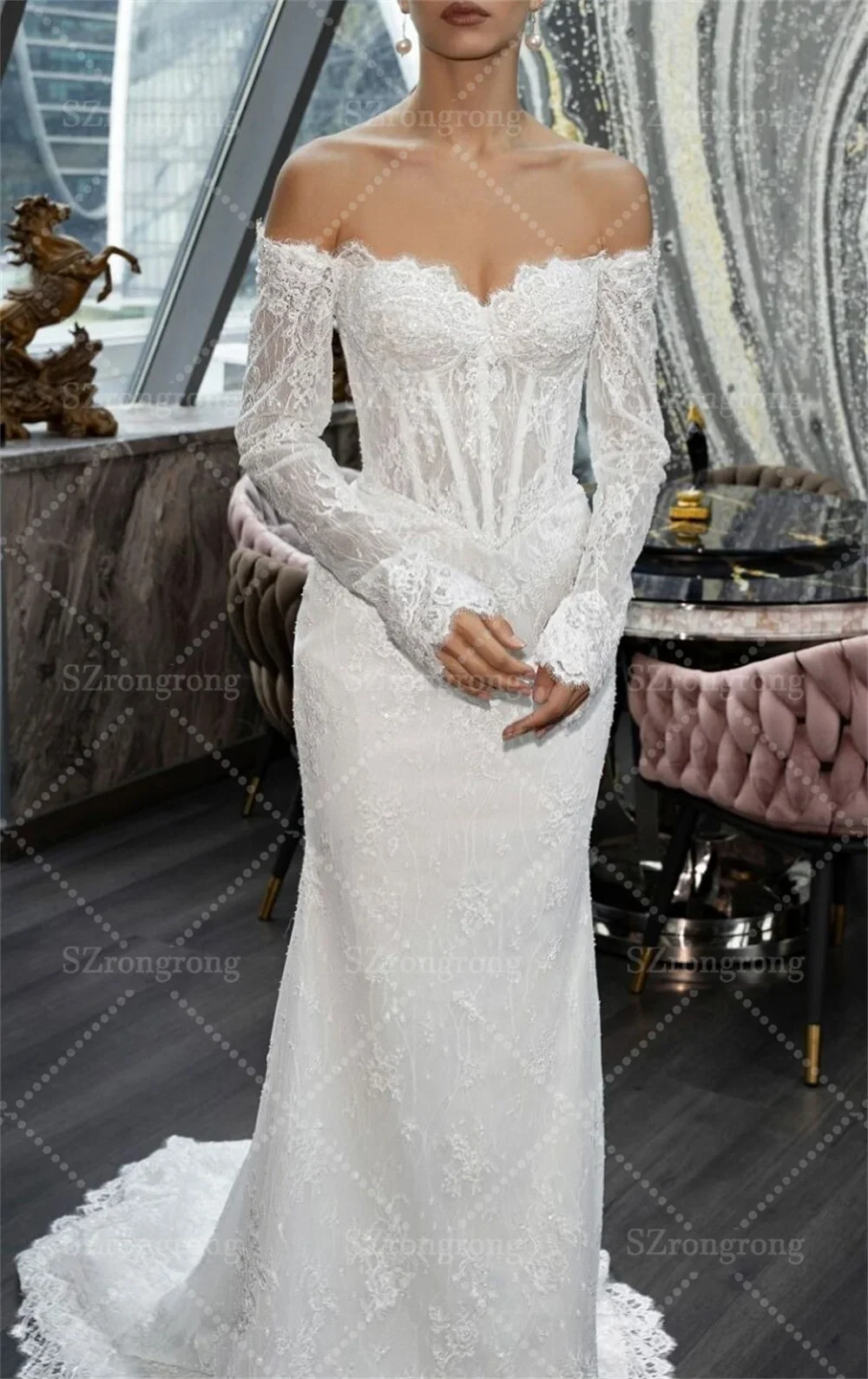 Sweetheart Collar Lace Long Sleeve Boho Wedding Dress Mermaid Backless Long Back Beach Bridal Dress with Train Custom Made