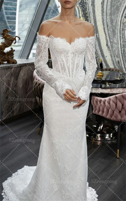 Sweetheart Collar Lace Long Sleeve Boho Wedding Dress Mermaid Backless Long Back Beach Bridal Dress with Train Custom Made