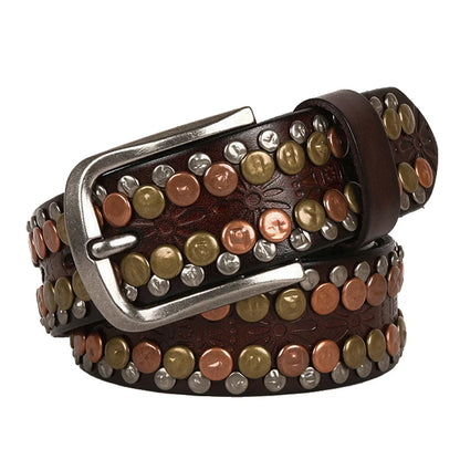 3.8CM  Hip Hop Punk Style Men Belt Round Rivet Real Genuine Cowskin Leather Strap Male Cowboy Studded Belts Rock Waistband