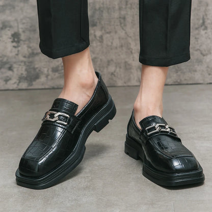 Fashionable Dress Loafers For Men, Crocodile Embossed Chain Decor Slip-on Dress Shoes