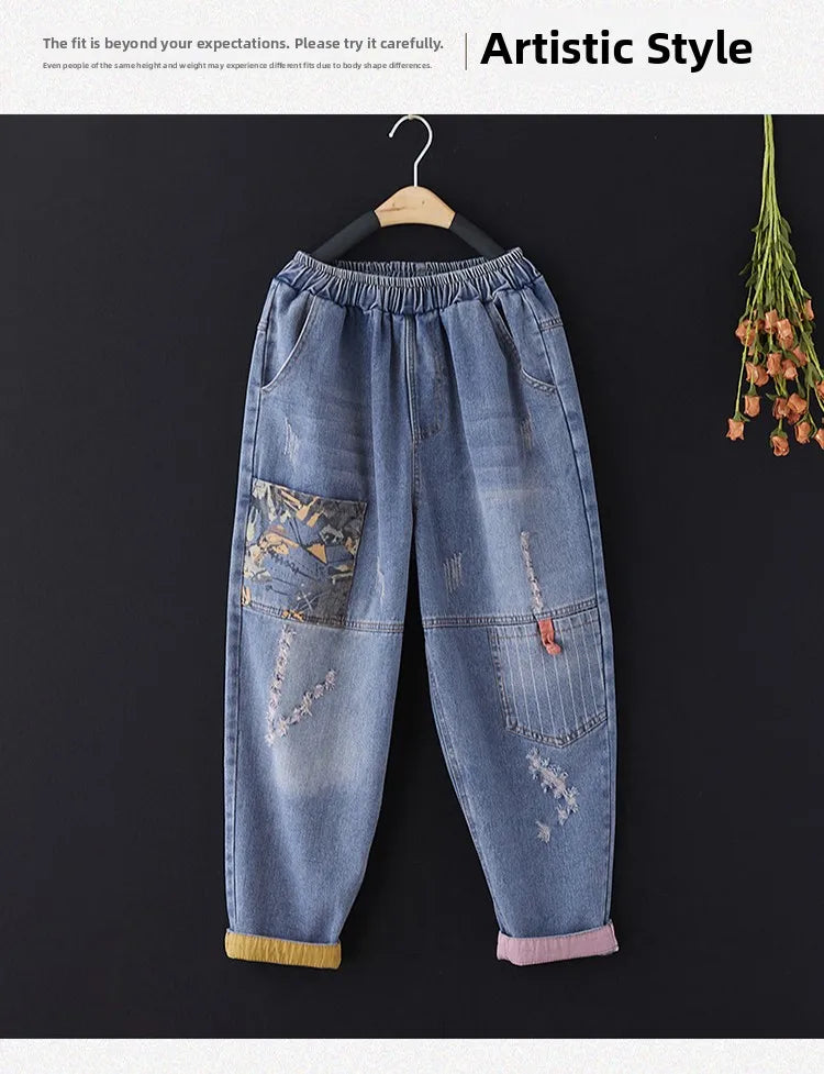 Casual Harajuku Sle Mom Jeans Women's Faion Trendy Hole Design Cotton Stretch Denim l Waist hine Embroidery