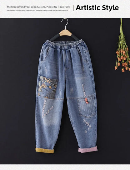 Casual Harajuku Sle Mom Jeans Women's Faion Trendy Hole Design Cotton Stretch Denim l Waist hine Embroidery