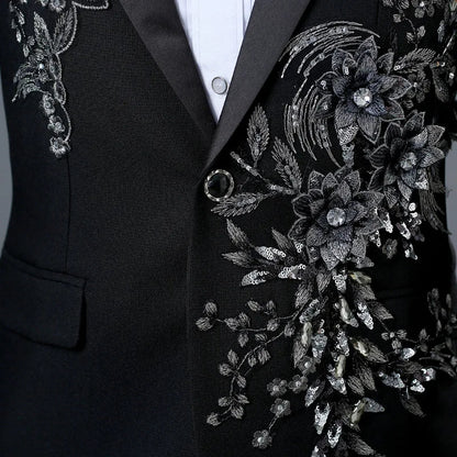 New Men Luxury Decal Suits Black / Red / Blue / White Fashion Singer Host Stage Performance Splicing Flower Blazers and Pants
