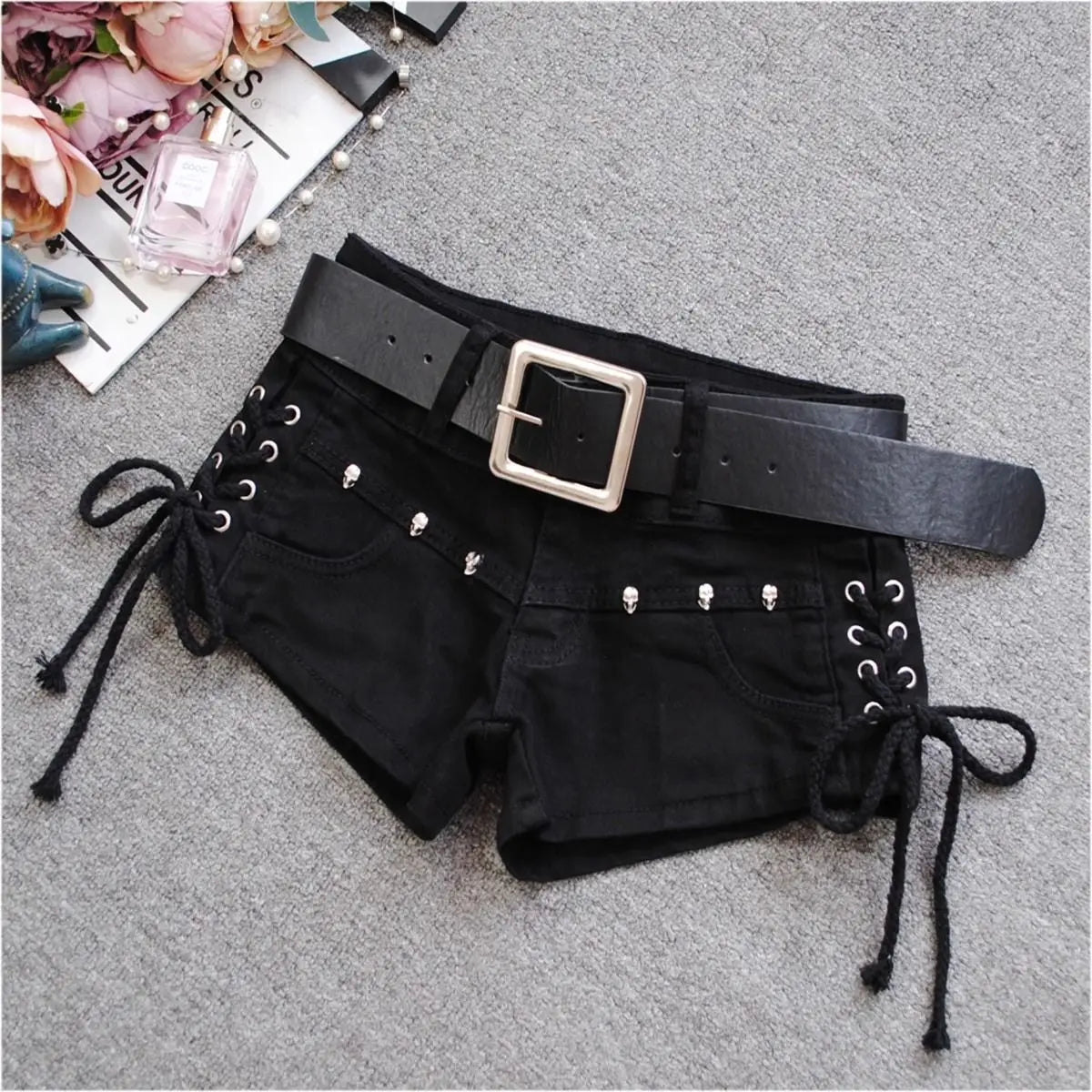Korean Low Rise Denim Shorts 2024 - Riveted Lace Up Bodycon Black Hot Pants Vintage Cheeky Booty Summer TikTok Y2K Outfit