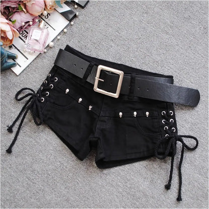 Korean Low Rise Denim Shorts 2024 - Riveted Lace Up Bodycon Black Hot Pants Vintage Cheeky Booty Summer TikTok Y2K Outfit