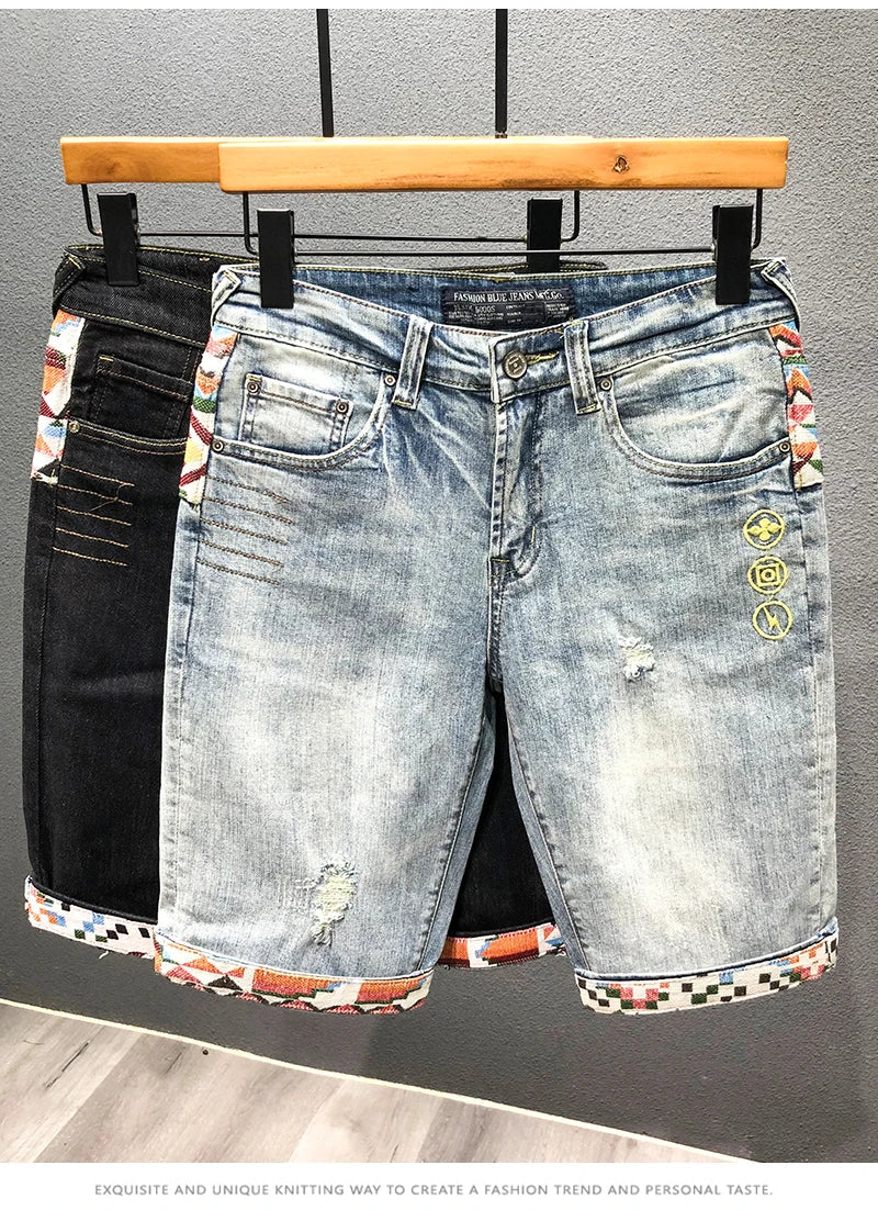 Summer New Denim Shorts Men's Stitching Embroidery Ripped Knee-length Shorts White Black Retro Blue Fashion High Quality Jeans