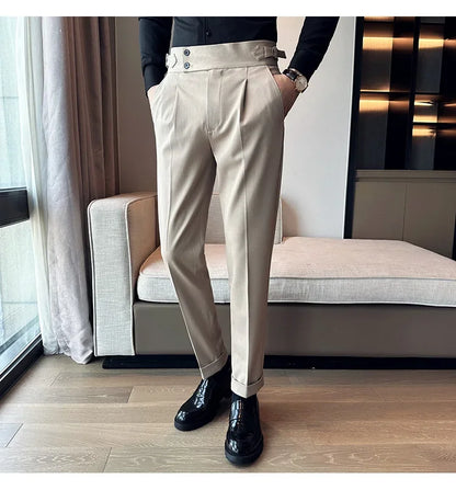 Autumn Winter High Waist Business Dress Pants Men Casual Belt Design Slim Suit Pants Formal Wedding Social Party Male Trousers