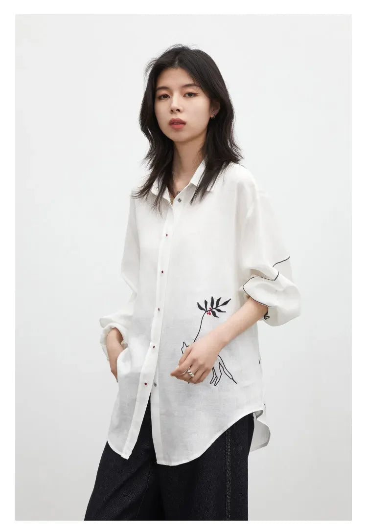 Fashion Women Shirt White Single-breasted Loose Casual Long Sleeve Pony Embroidered Female Blouses Spring Summer 2026