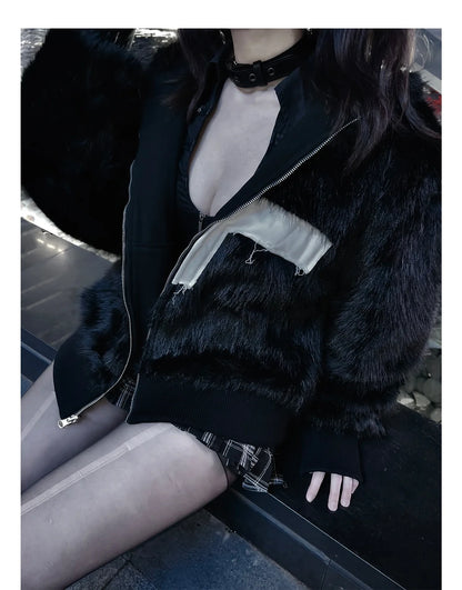 Winter Short Cool Warm Soft Hairy Faux Fur Coat Men with Hood Rivet Luxury Designer Punk Style Clothes Fluffy Jacket