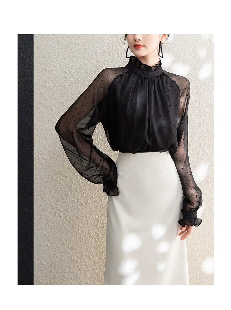Spring Summer Black Polka Dots Mesh Women's Chiffon Blouses 2025 New Long Sleeve Stand Collar Vintage Loose Shirts Female