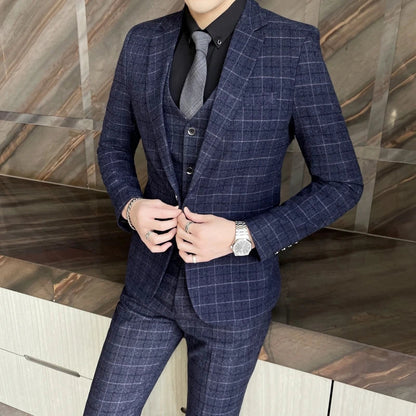 Men's High-Quality Cotton Texture Wedding Suit Set - Plaid Pattern Business Casual Three-Piece Vest Trousers Ensemble