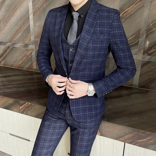 Men's High-Quality Cotton Texture Wedding Suit Set - Plaid Pattern Business Casual Three-Piece Vest Trousers Ensemble