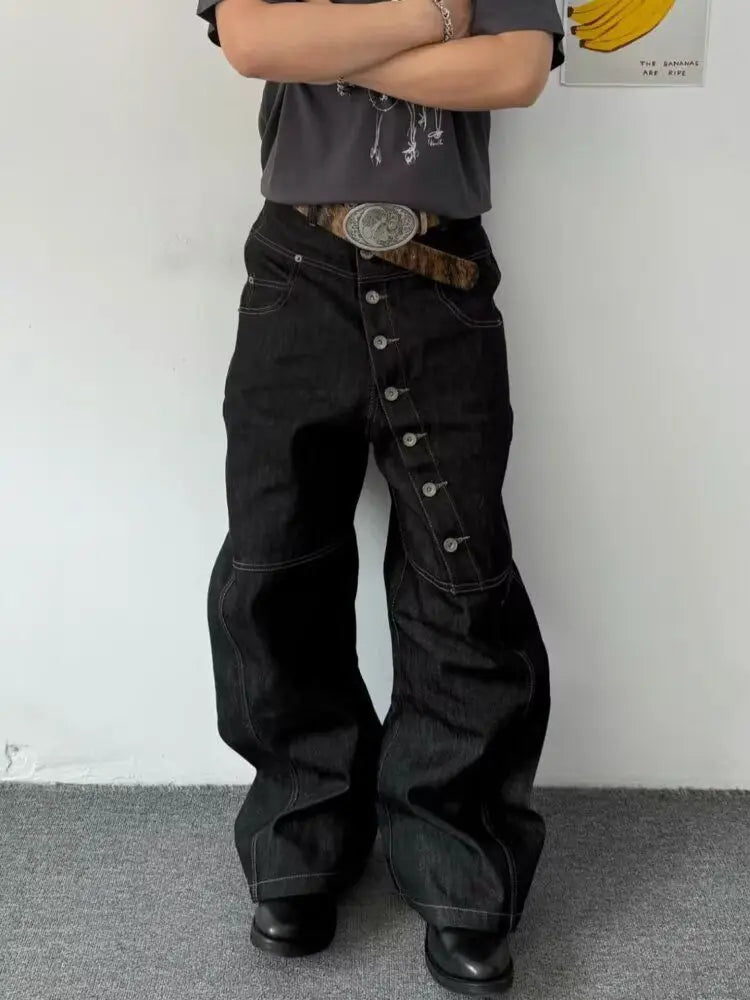 American Retro Long Row Button Design Men's Jeans High Street Loose Wide Leg Floor-Length Trousers Trendy Casual Jeans