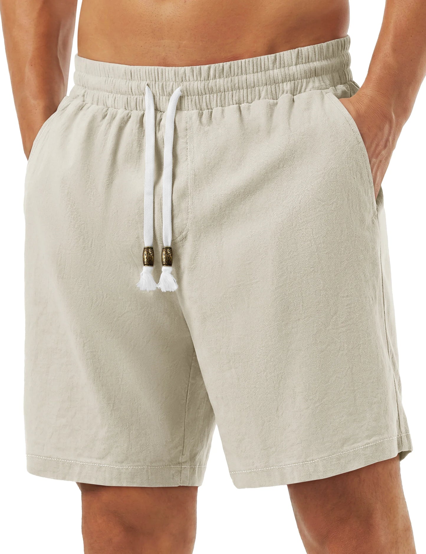 Men's Cotton Casual Shorts Loose Summer Beach Vacation Short Solid Pants with Deep Pockets Elastic Waist 7 Inch Inseam