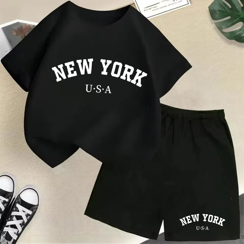 2026 New Kids Boys Girls New York Letter Pattern Cotton T-shirt+Shorts 2-Piece Set Casual Daily
