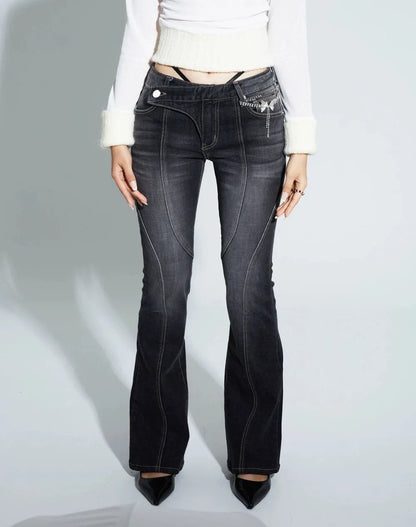 Karrram Vintage Distressed Low Waist Jeans Grunge Asymmetrical Waist Denim Pant Korean Fashion Black Flare Jeans Kpop Streetwear