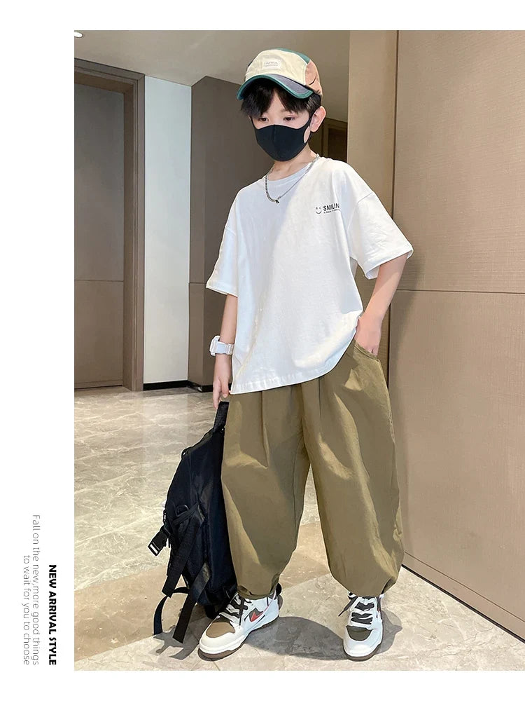Teens Children's Summer Sets for Boys Clothing Cotton Set 2025 New Fashion Kids Loose Handsome T-shirt+ Lantern Pants Set Outfit