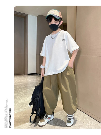 Teens Children's Summer Sets for Boys Clothing Cotton Set 2025 New Fashion Kids Loose Handsome T-shirt+ Lantern Pants Set Outfit