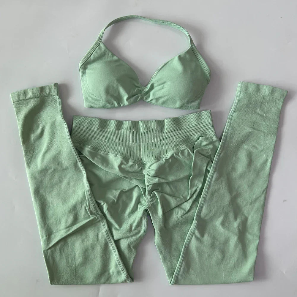 2 Pieces Set For Woman Strappy Yoga Bra Sports Top Workout Leggings Set Seamless Gym Set Fitness Clothes Outfit Activewear