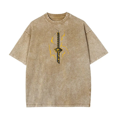 Demon Slayer Men's Women's Washed T-Shirt Zenitsu Agatsuma Summer Spring Anime Tee Retro Distressed High Quality Short Sleeve