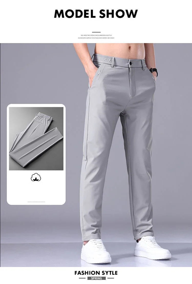 High Elastic Ice Silk Casual Pants Men's Spring Summer Ultra-thin Quick Drying Soft Breathable Business Straight Gray Trousers