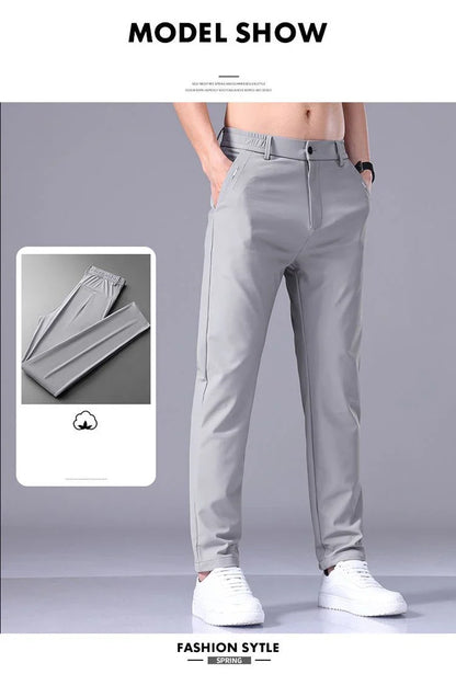 High Elastic Ice Silk Casual Pants Men's Spring Summer Ultra-thin Quick Drying Soft Breathable Business Straight Gray Trousers