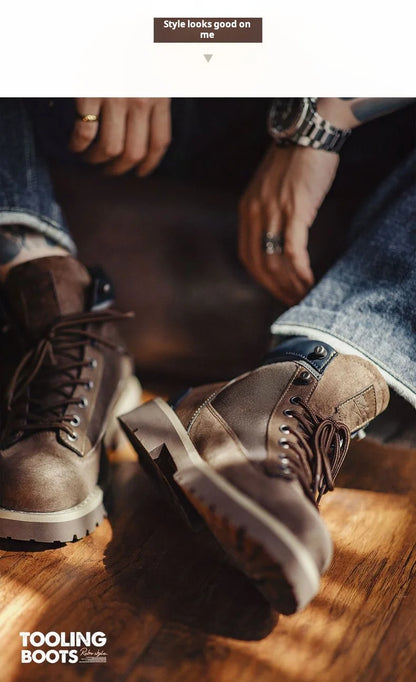 Maden Men's Vintage Splice Suede Work Boots Chunky Sole Round Toe Combat Boots Lace-Up Ankle Boots for Desert Hiking & Casual