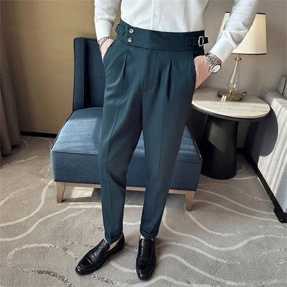 Pure Color Male Business Wedding Dress Pants Fashion Unique Design Men Waist Adjustable Suit Pant No Belt Slim Trousers Homme