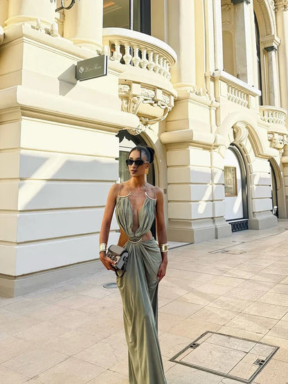 Sexy Halter Strap Long Dress Deep V Pleated Waist Recessed Backless Slim Fit Robe 2026 Summer Vacation Seaside Elegant Lady Gown