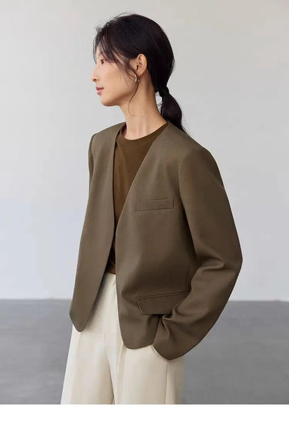 Womens Gray Collarless Blazer Cropped Open Front Suit Jacket Casual Office Outerwear
