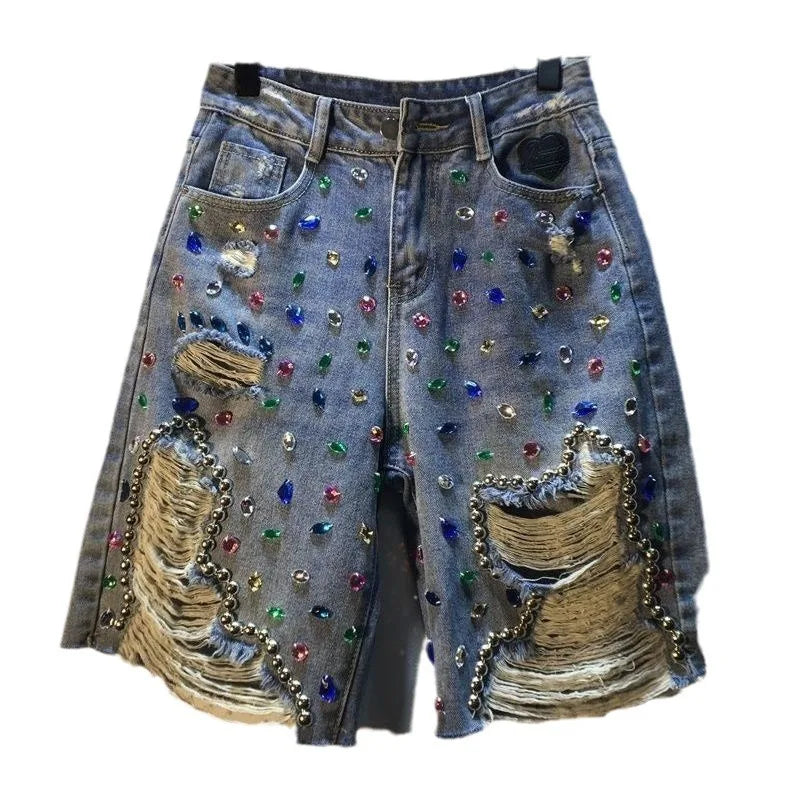 Jeans Hole Shorts Women Summer 2025 Short Pants High Waist Stretch Distressed Washed Diamonds Streetwear Straight Denims