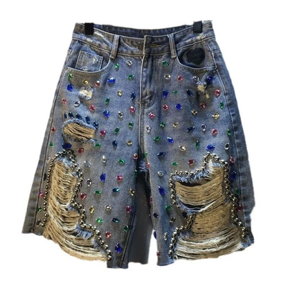 Jeans Hole Shorts Women Summer 2025 Short Pants High Waist Stretch Distressed Washed Diamonds Streetwear Straight Denims