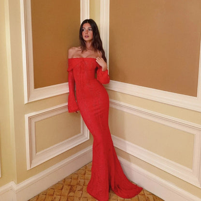 Autumn Off-Shoulder Maxi Dress Elegant Lace Flare Sleeves Red Evening Party Dress Women's New Arrival 2025 Cocktail Dress