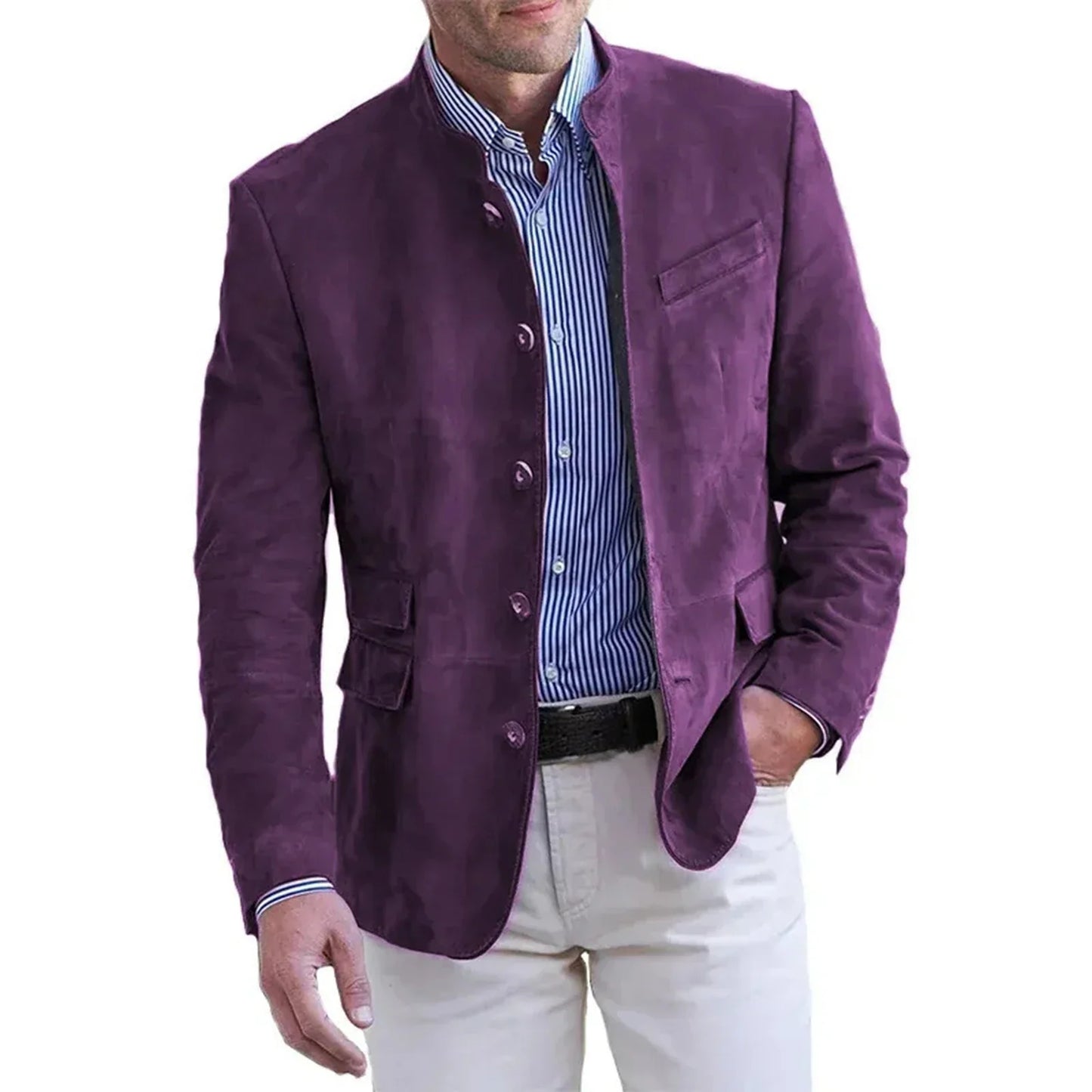 Autumn Winter Men'S Casual Blazer Jacket Stand Collar Long Sleeve Solid Color Single Breasted Button Fashion Jackets