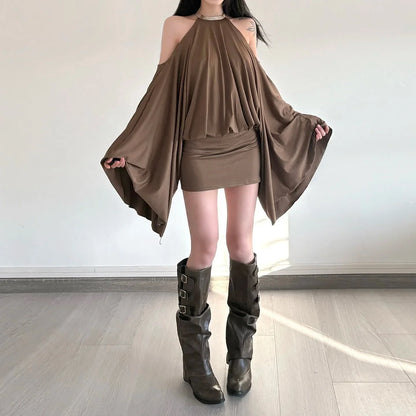 New European and American hot girl style strapless backpack hip sexy loose bat sleeve dress design halter neck skirt
