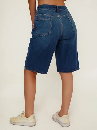 Women's Loose Fit Casual Denim Shorts Deep Blue American Style Spring Summer Suitable All-Match Ladies Jeans Shorts