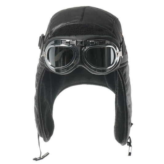 Men Winter Bomber Hat With Goggles Outdoor Motorcycle Windproof Warm Faux Fur Pilot Earflap Hat Leather Thermal Ushanka