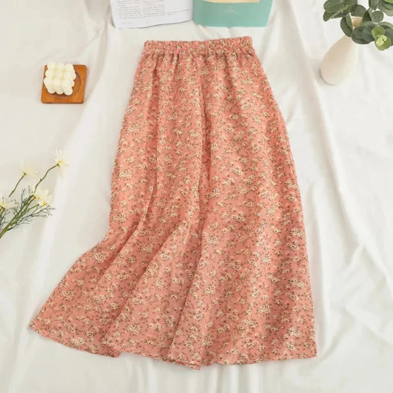 Women Chiffon Midi Skirt Korean Fashion Floral Loose Skirts High Waist Female Casual All Match A Line Skirts Summer New