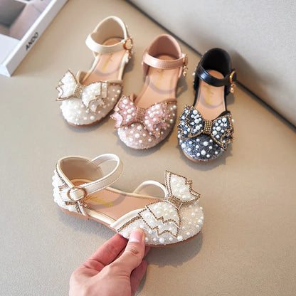 New Girl Sandals Cute Bow Pearl Sequins Kid Princess Shoes Flat Heels children Dancing Size 23-35