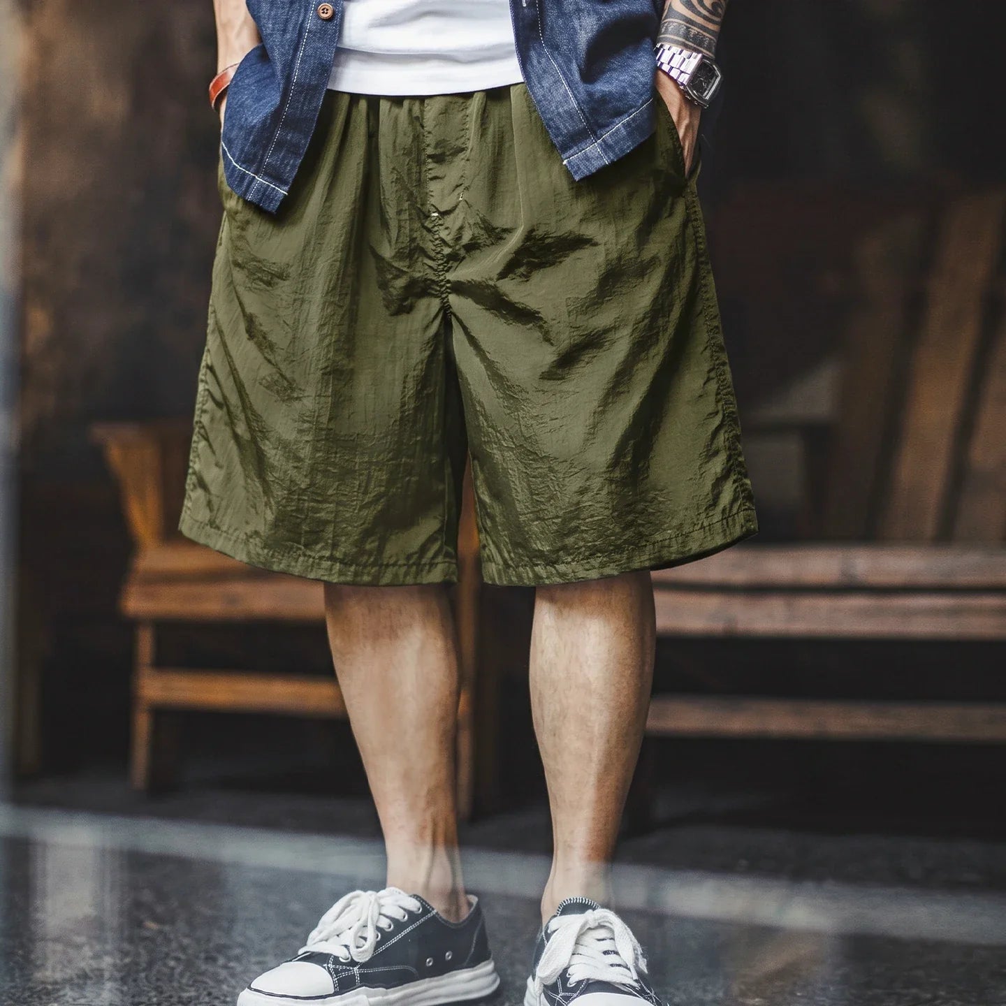 Men's Amekaji Shorts Summer Retro Oversized Wide Leg Casual Shorts Elastic Waist Cargo Breathable Men's Streetwear Shorts