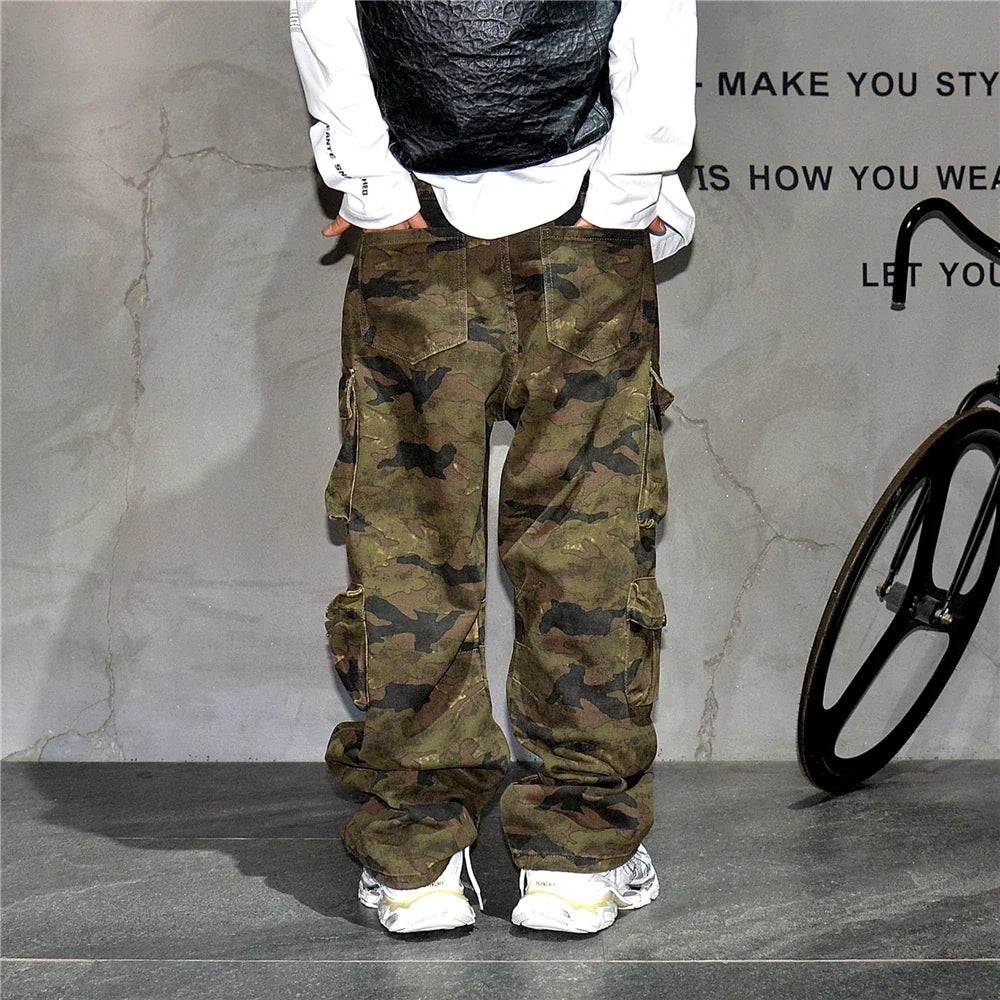 High Quality Vintage Multi-Pocket Camo Cargo Pants Mens Clothing High-End Fabric Tactical Baggy Pants Thick Casual Work Trousers