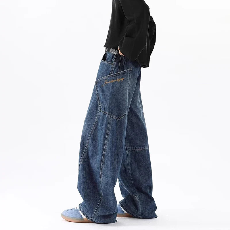 Korean Retro Men'S Jeans Fashion Large Pocket Design Curved Knife Jeans Straight Leg Pants Letter Embroidered Baggy Jeans Y2k