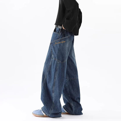 Korean Retro Men'S Jeans Fashion Large Pocket Design Curved Knife Jeans Straight Leg Pants Letter Embroidered Baggy Jeans Y2k
