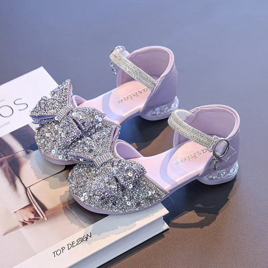 2025 Children's Crystal Princess Shoes bow Tie stylish summer new girls' head-wrapped sandals small high heels performance shoes
