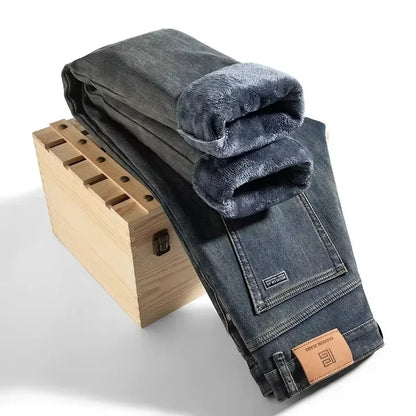High Quality Winter Jeans New Casual Straight Tube with Fleece Thickening Loose Outside Warm Long Pants Streetwear Men