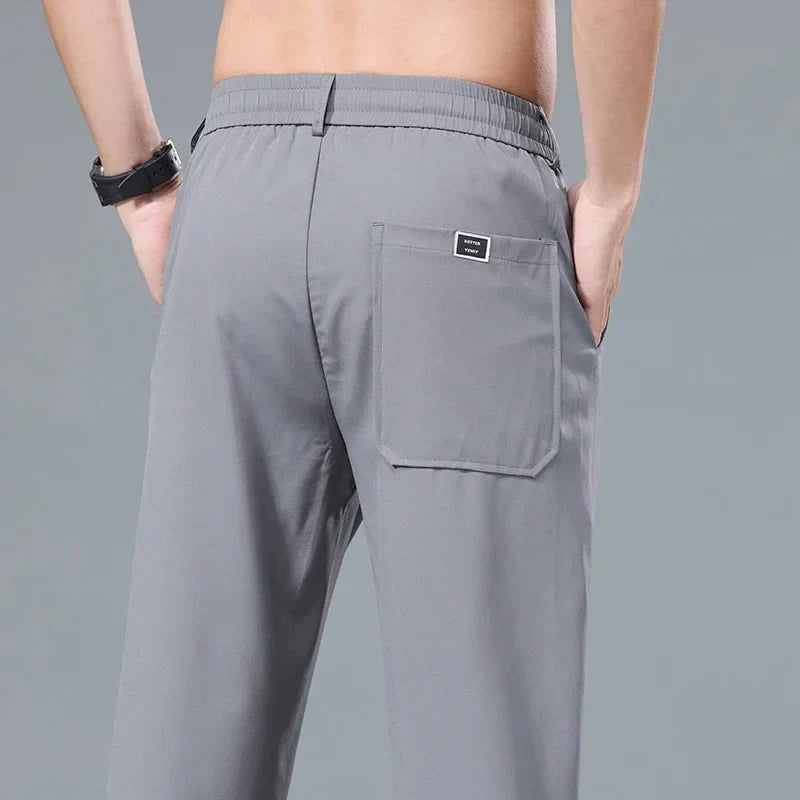 Men's Ice Silk Trousers Solid Color Korean Loose Breathable Straight-Leg Casual Pants Thin Quick-Drying Sports With Pockets