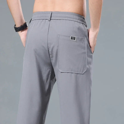 Men's Ice Silk Trousers Solid Color Korean Loose Breathable Straight-Leg Casual Pants Thin Quick-Drying Sports With Pockets